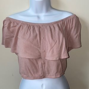 Pink Off-The-Shoulder Flounce Crop Top